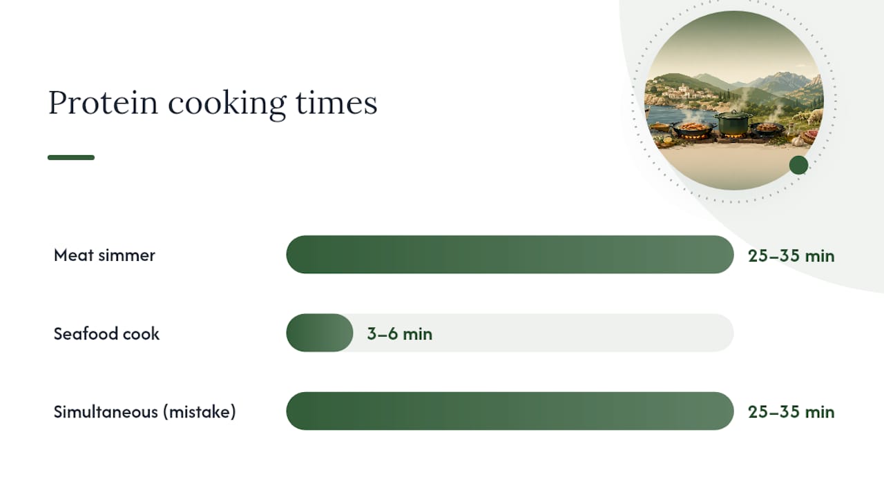 Diagram comparing cooking times of meat and seafood