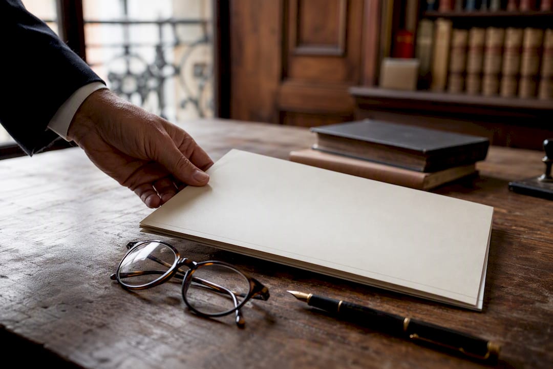 Hand pointing at contract folder in notary office