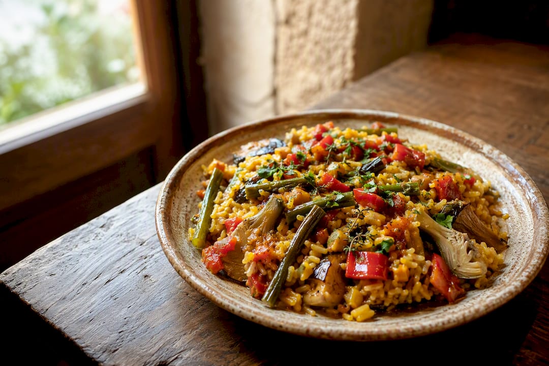 Primer plano de plato de paella de verduras