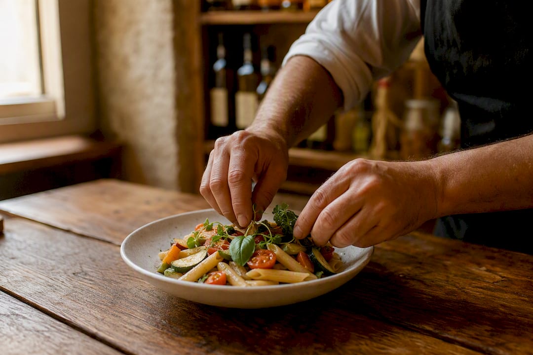 Chef sirviendo pasta vegana con verduras