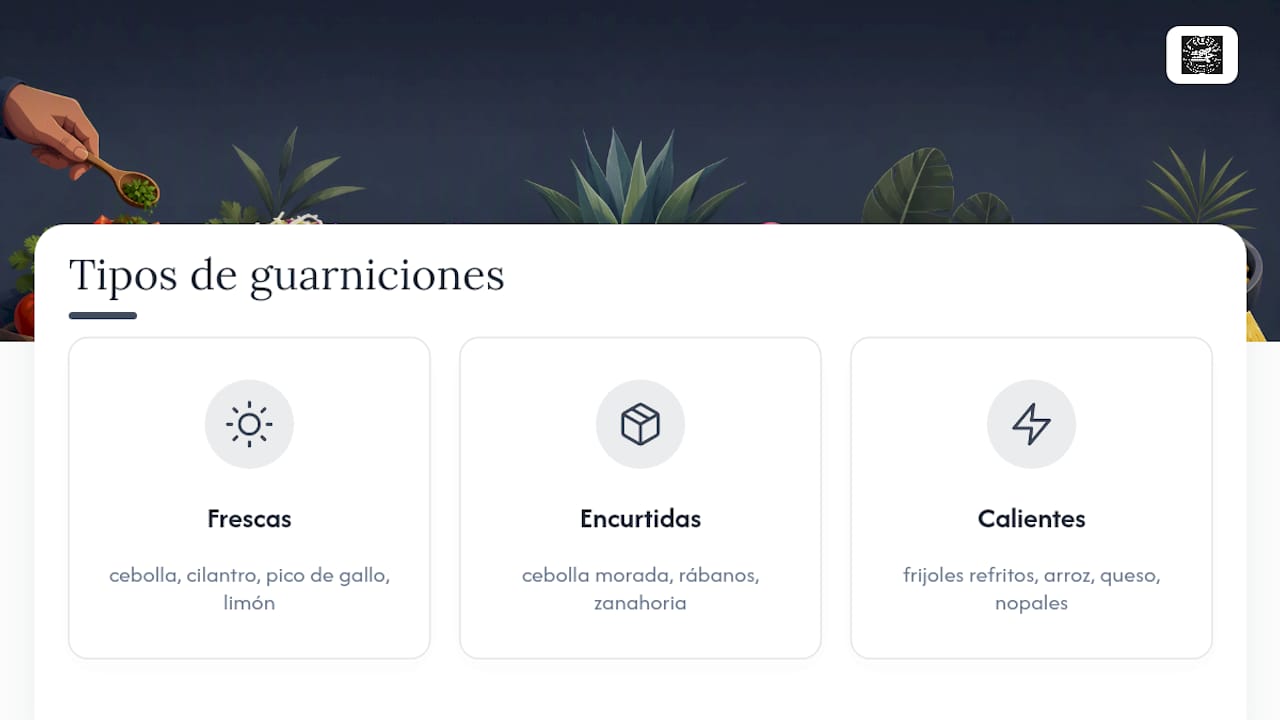Diagrama comparativo de guarniciones frescas, encurtidas y calientes para tacos