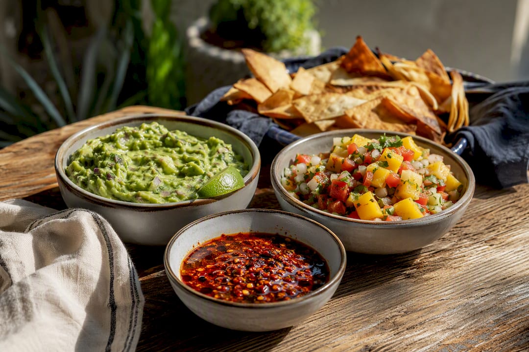 Tazones de guacamole, salsa macha y pico de gallo de mango