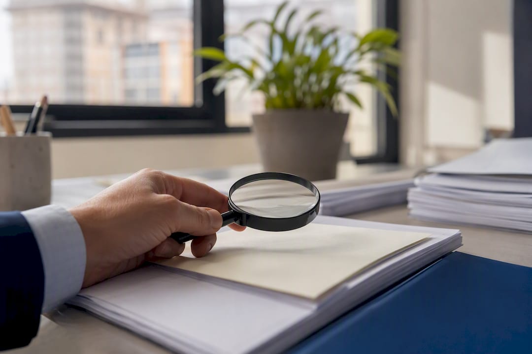 Mano examinando con lupa una pequeña nota del registro de propiedad