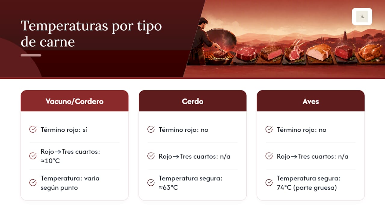Diagrama de temperaturas internas de la carne según el punto de cocción y tipo