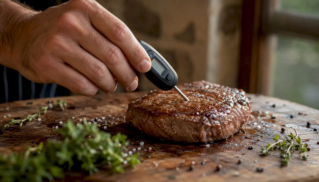Primer plano de chef midiendo la temperatura del filete