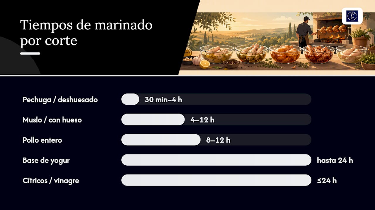 Diagrama con proporciones y tiempos según el corte del pollo