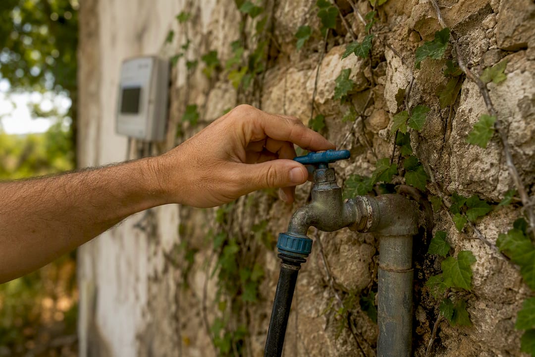 Hand turning water valve at rural property exterior