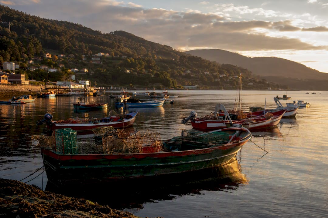 Fishing boats in Galician Rías harbor at dawn