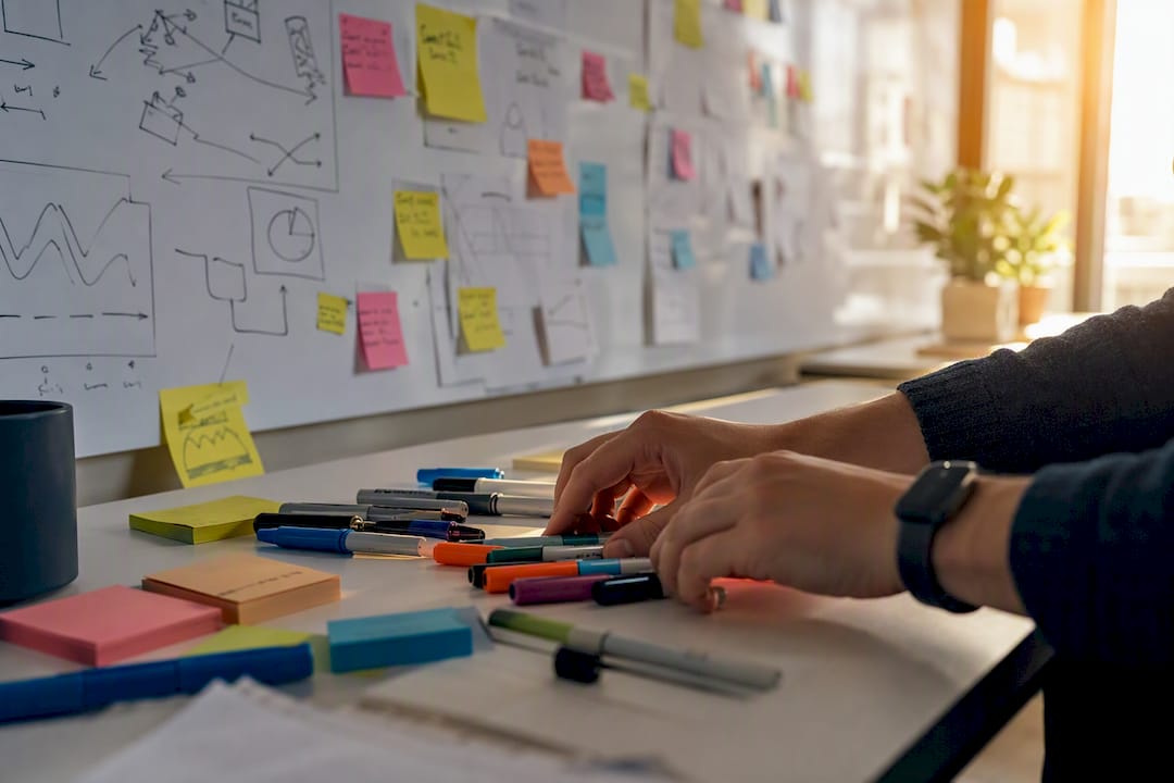 Des mains disposant des post-it pour planifier l'analyse des données