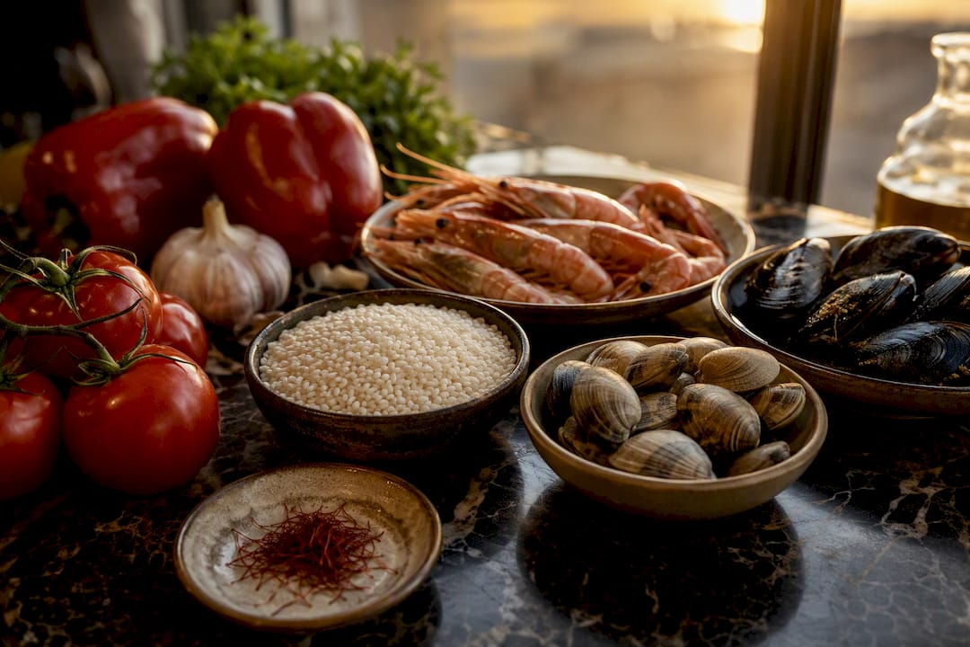 Vista aérea de los ingredientes tradicionales para la paella