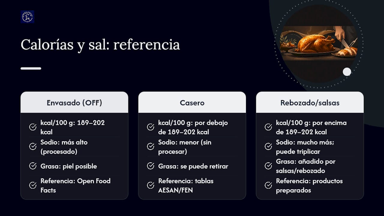 Tabla comparativa de calorías y sodio del pollo a l'ast