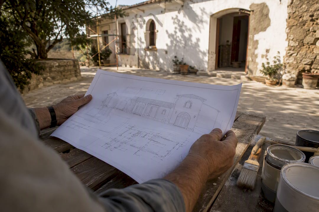 Hands holding technical blueprint outdoors