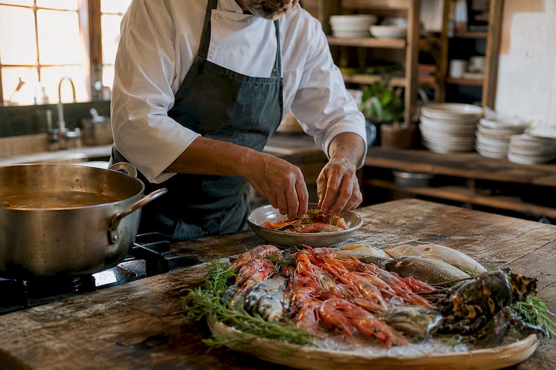 Chef plating fresh seafood rice dish in kitchen
