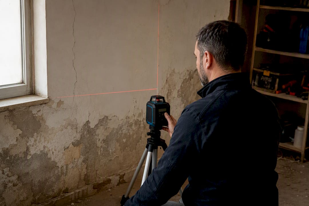 Técnico midiendo daños en la pared dentro de la vivienda