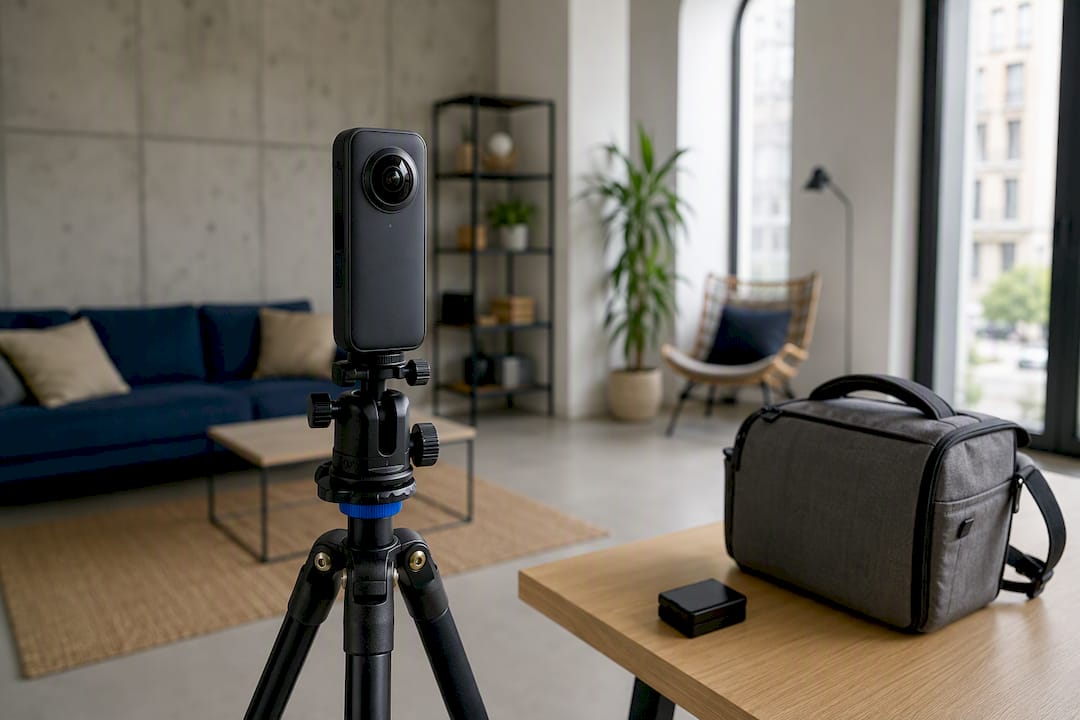 Cámara 360 sobre trípode en un departamento