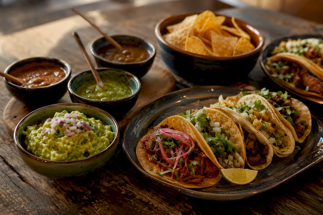 Platos tradicionales mexicanos en mesa rústica