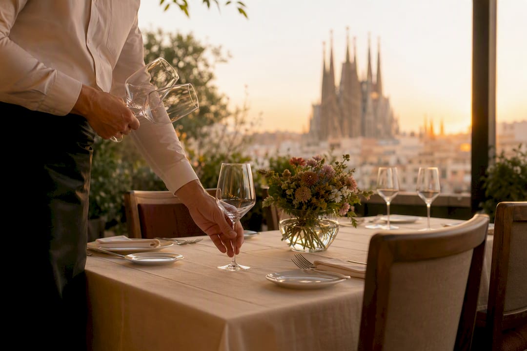 Mesa en terraza con vista parcial a la Sagrada Familia