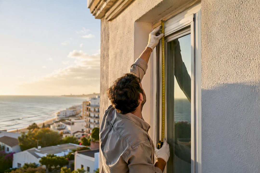 Inspector measuring apartment window frame
