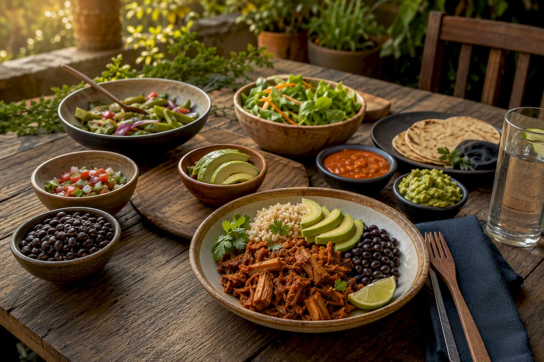 Platos balanceados de comida vegana mexicana sobre mesa de madera