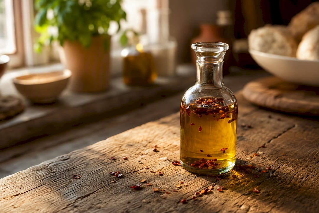 Botella de aceite de oliva con hojuelas de chile secas sobre la mesa