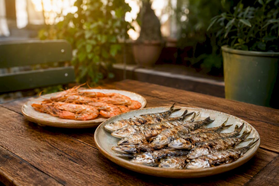 Grilled sardines and gambas on rustic terrace table