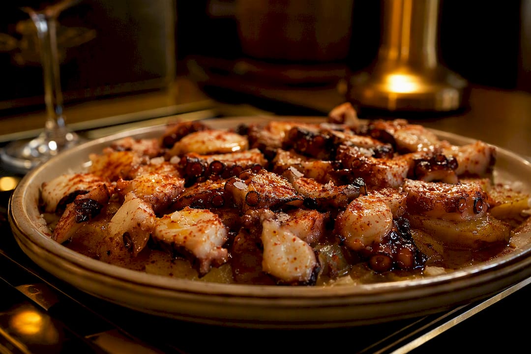 Primer plano de plato con pulpo a la gallega