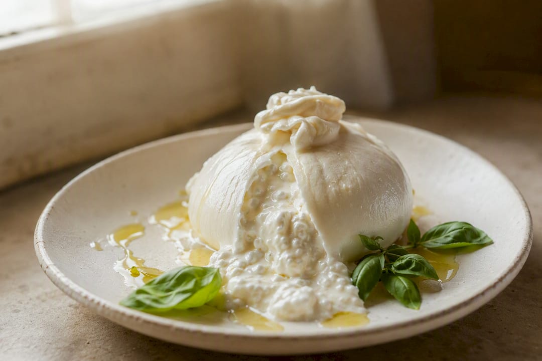 Primer plano de la textura y calidad de la burrata