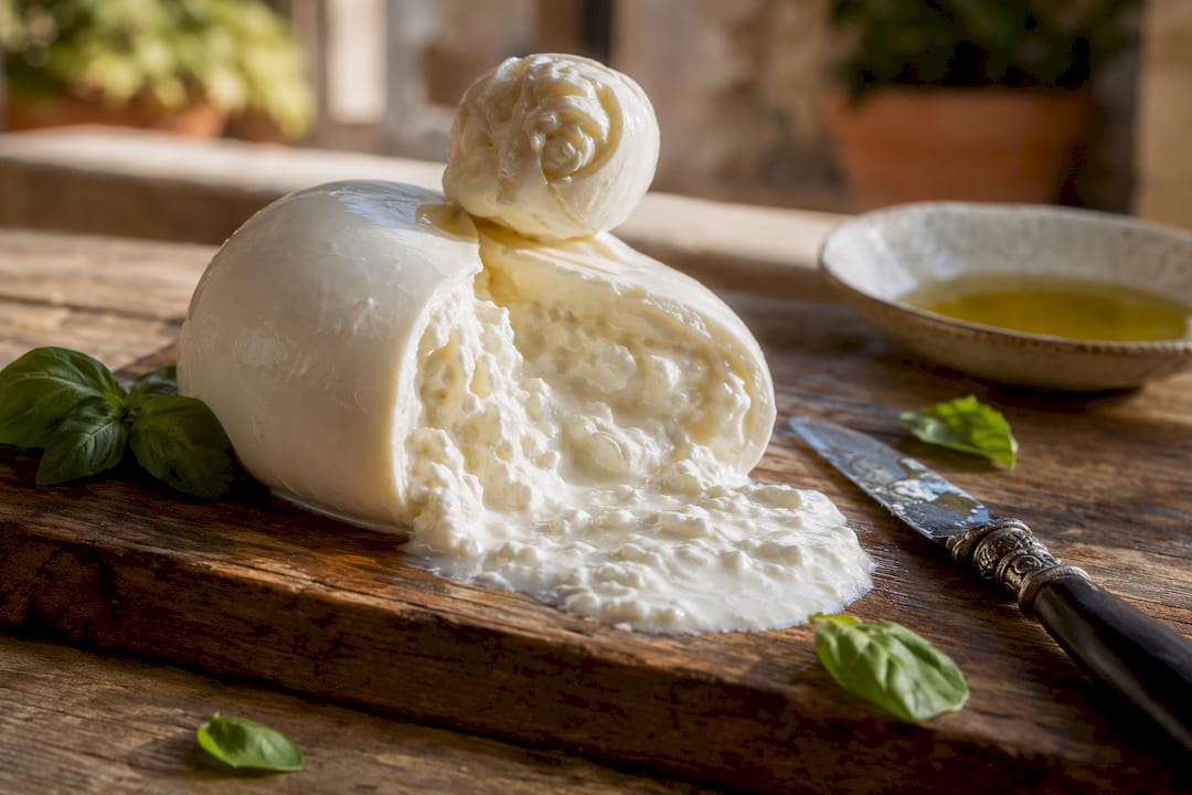 Queso burrata cortado para mostrar su interior cremoso