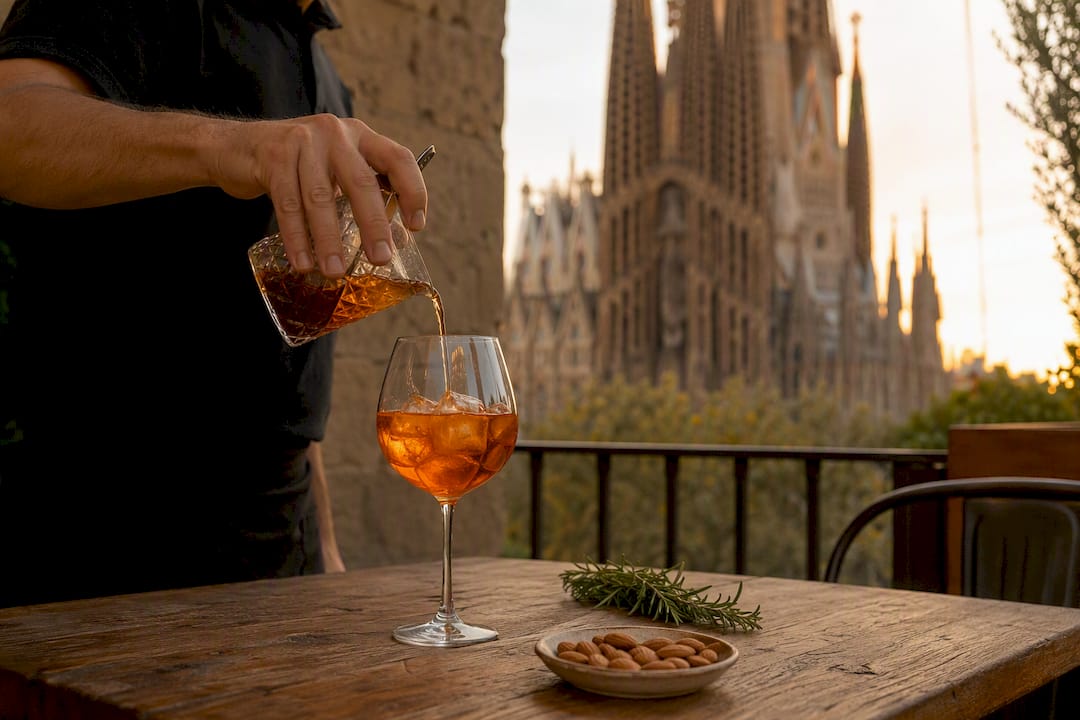 Barman sirviendo un aperitivo italiano en la terraza