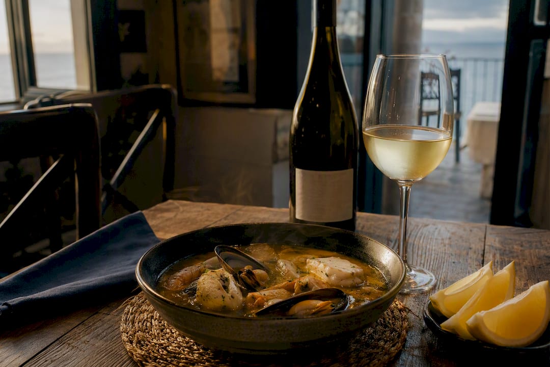 Vino Albariño y plato de caldeirada sobre la mesa