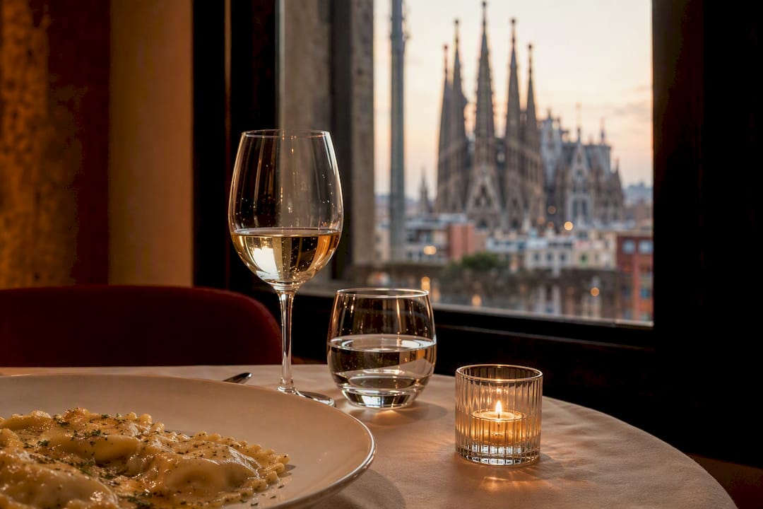 Mesa romántica con raviolis y la Sagrada Familia