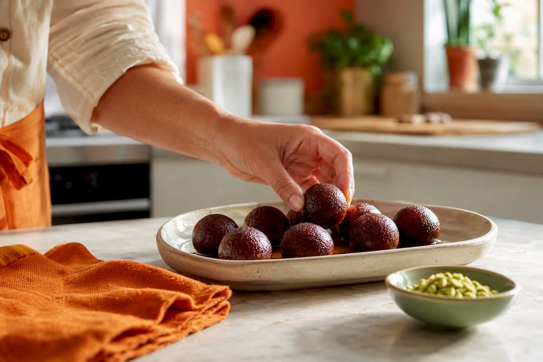 Kala jamun oscuro servido en fuente de cerámica