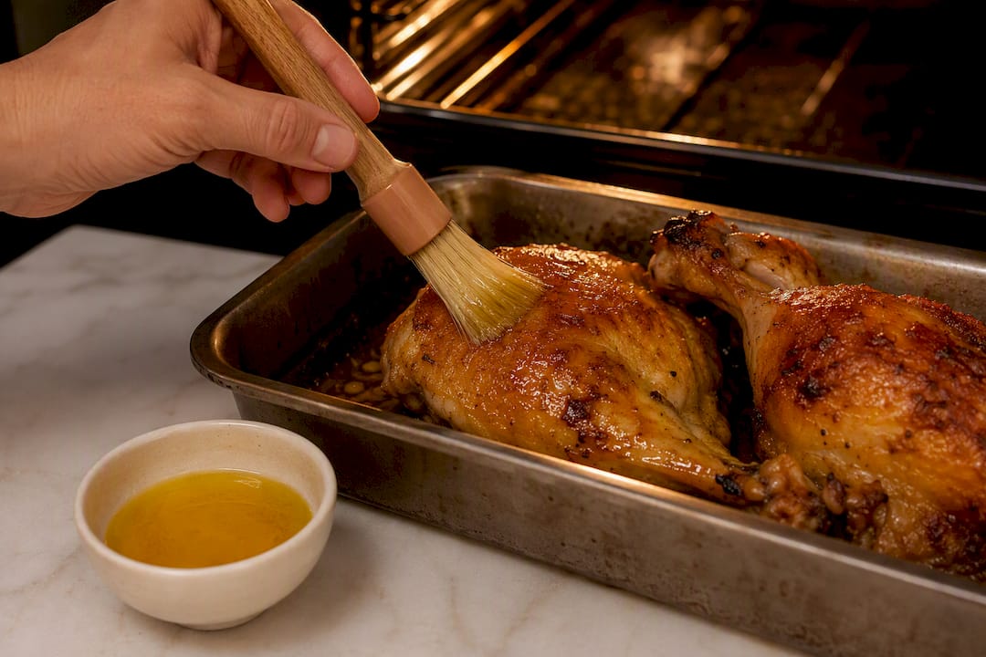 Brocha untando grasa sobre la piel del pollo