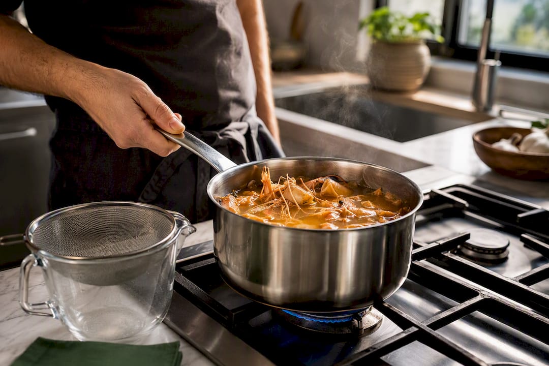 Seafood fumet simmering with shrimp shells