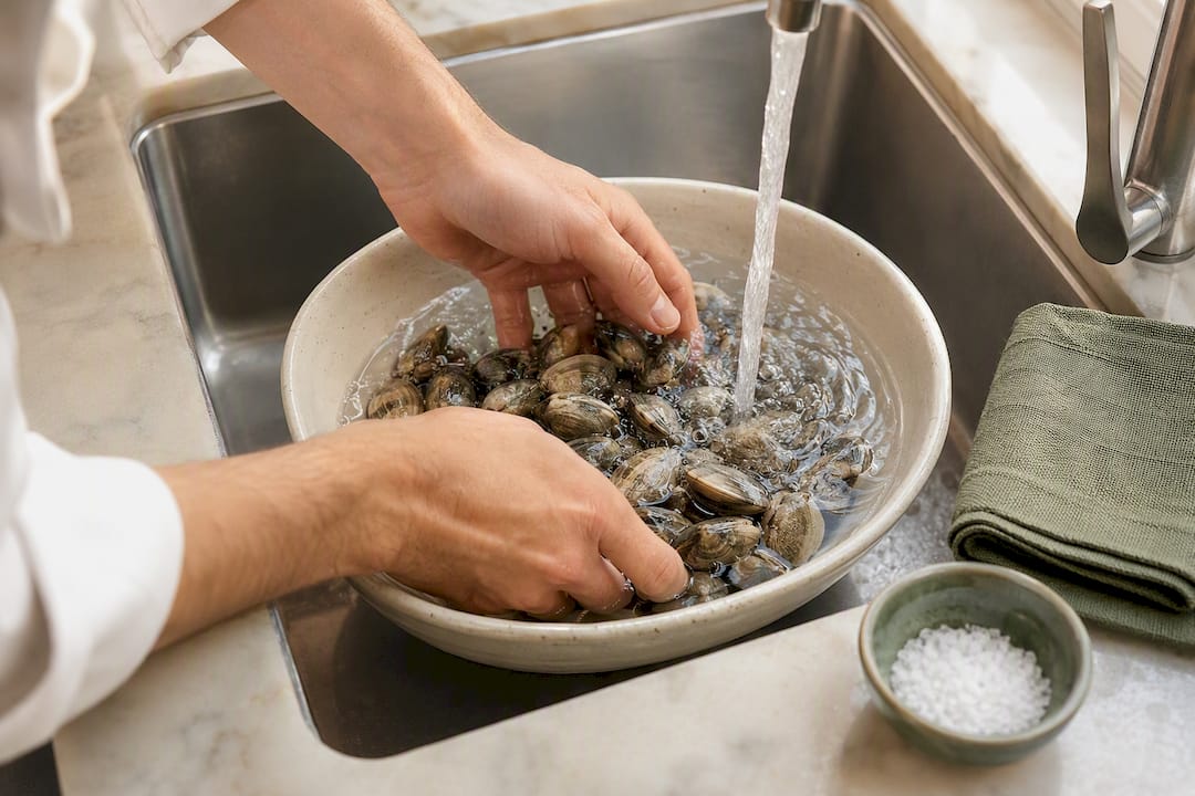Fresh clams soaking in salted water