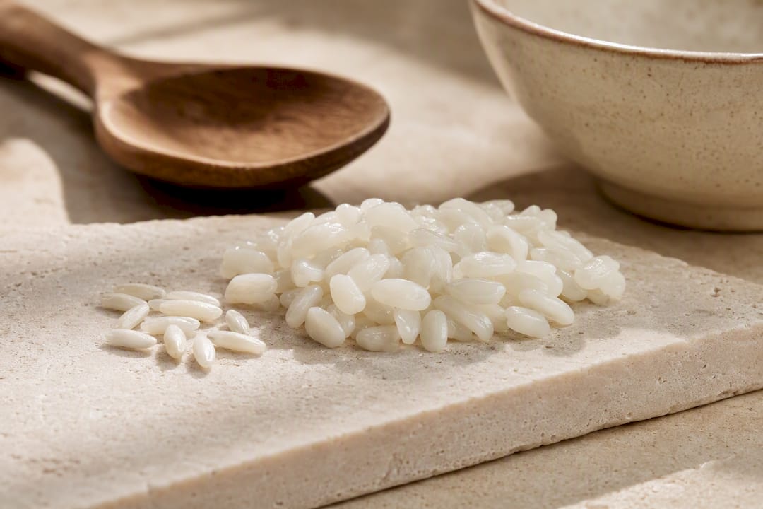 Granos de arroz bomba cocidos y secos