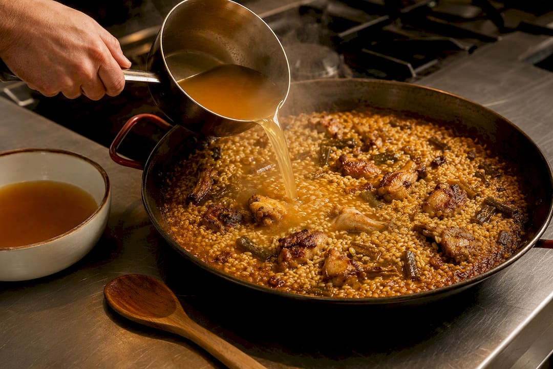Caldo caliente vertido en una paellera