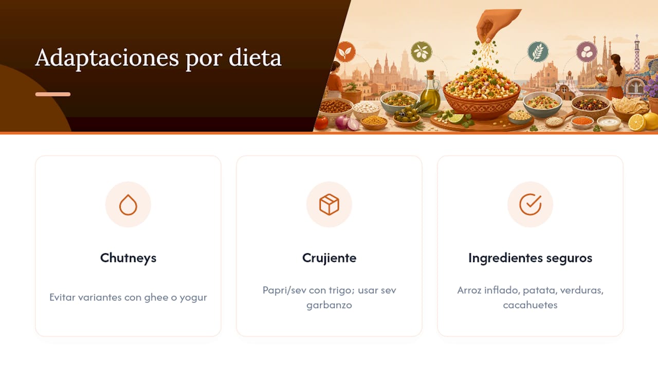 Variantes de bhel puri para dietas especiales