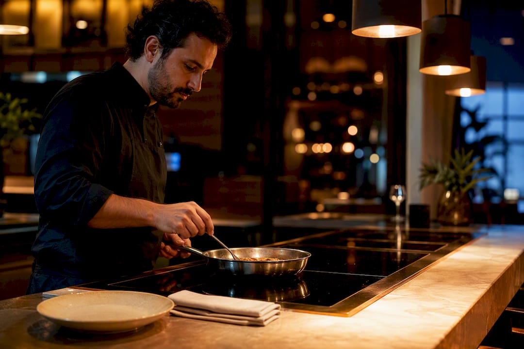Quiet induction cooktop beside chef counter