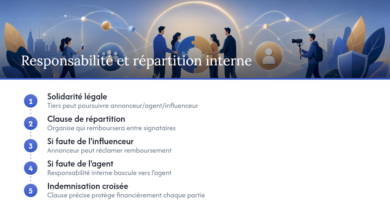Clauses de responsabilité : qui répond de quoi entre annonceur, agent et influenceur ? — overview diagram