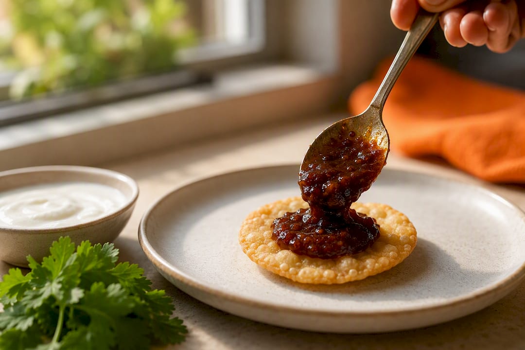Chutney espeso sobre una oblea de papdi