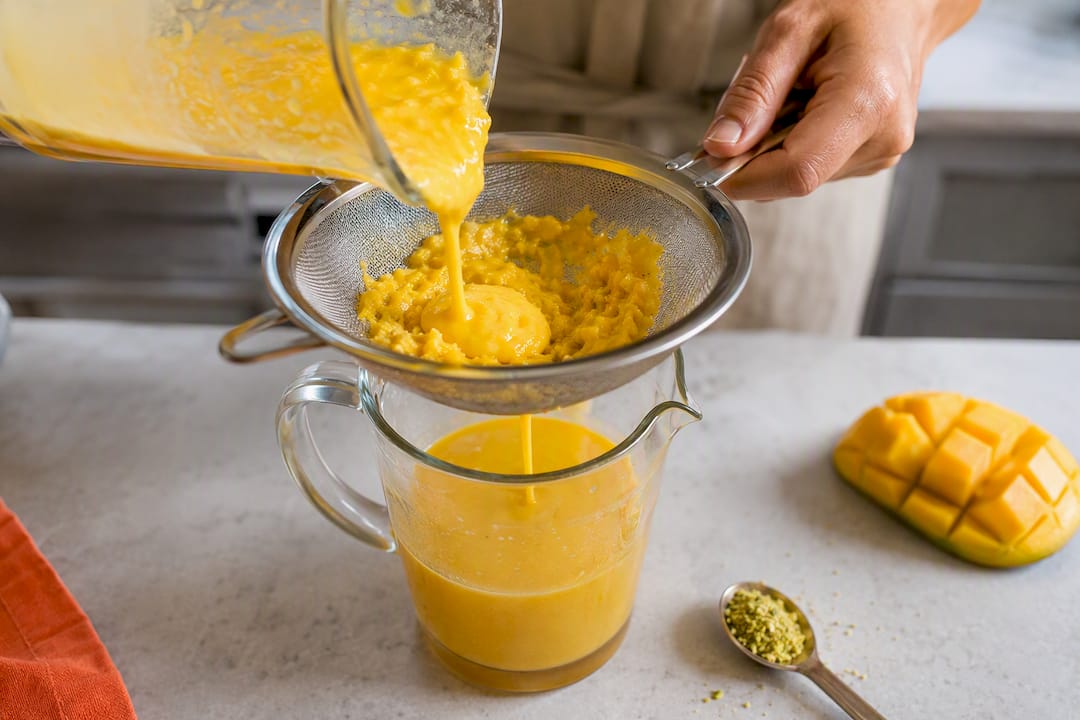 Colado fino de lassi de mango hecho en casa
