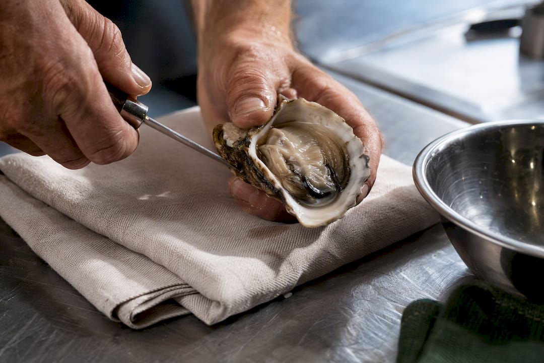 Cook opening oyster with thin shellfish knife