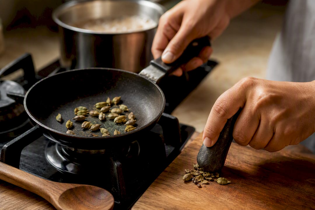 Cardamomo tostado y aplastado para chai