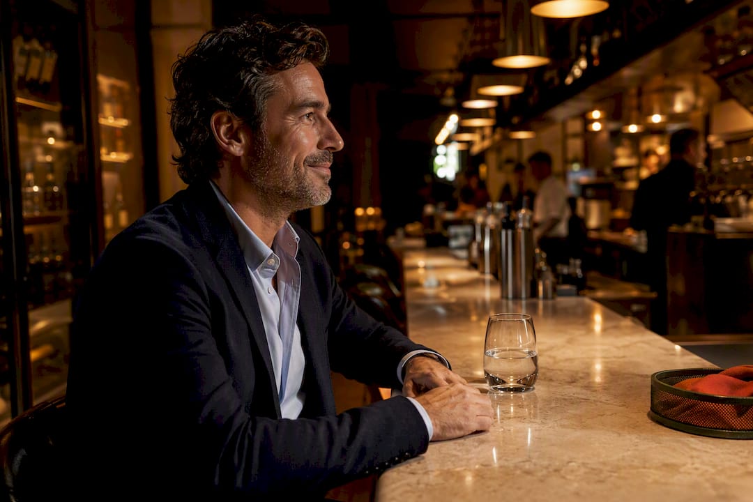 Solo diner seated at restaurant bar