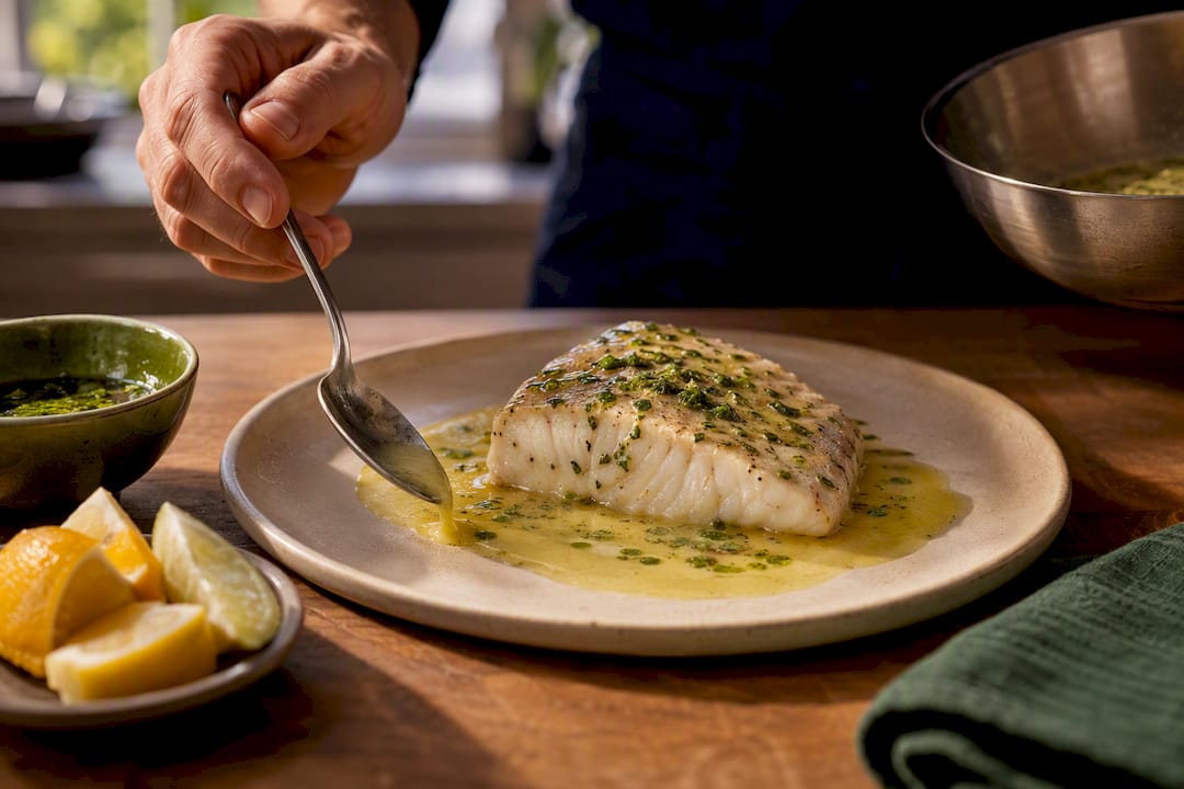 Citrus emulsion spooned around cooked fish