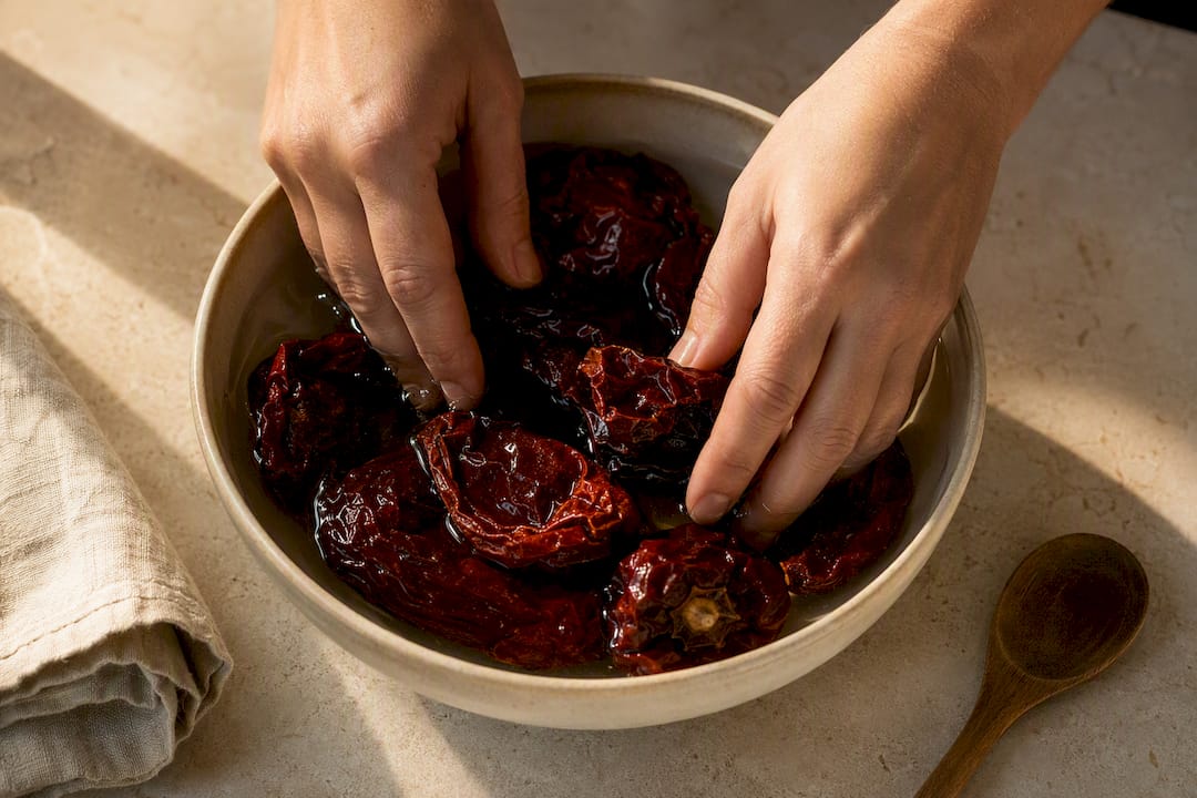 Dried ñora peppers soaking in warm water