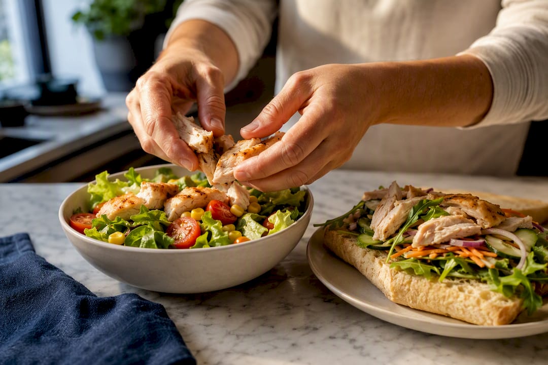 Pollo deshuesado servido en ensalada y sándwich