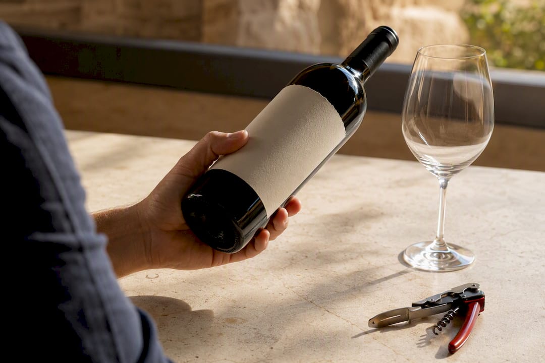 Mano revisando la etiqueta de un vino italiano