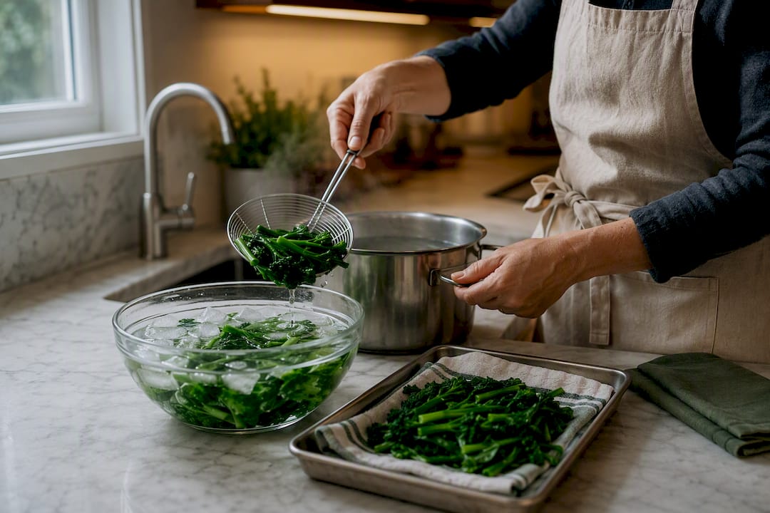 Hands shocking blanched vegetables in ice water